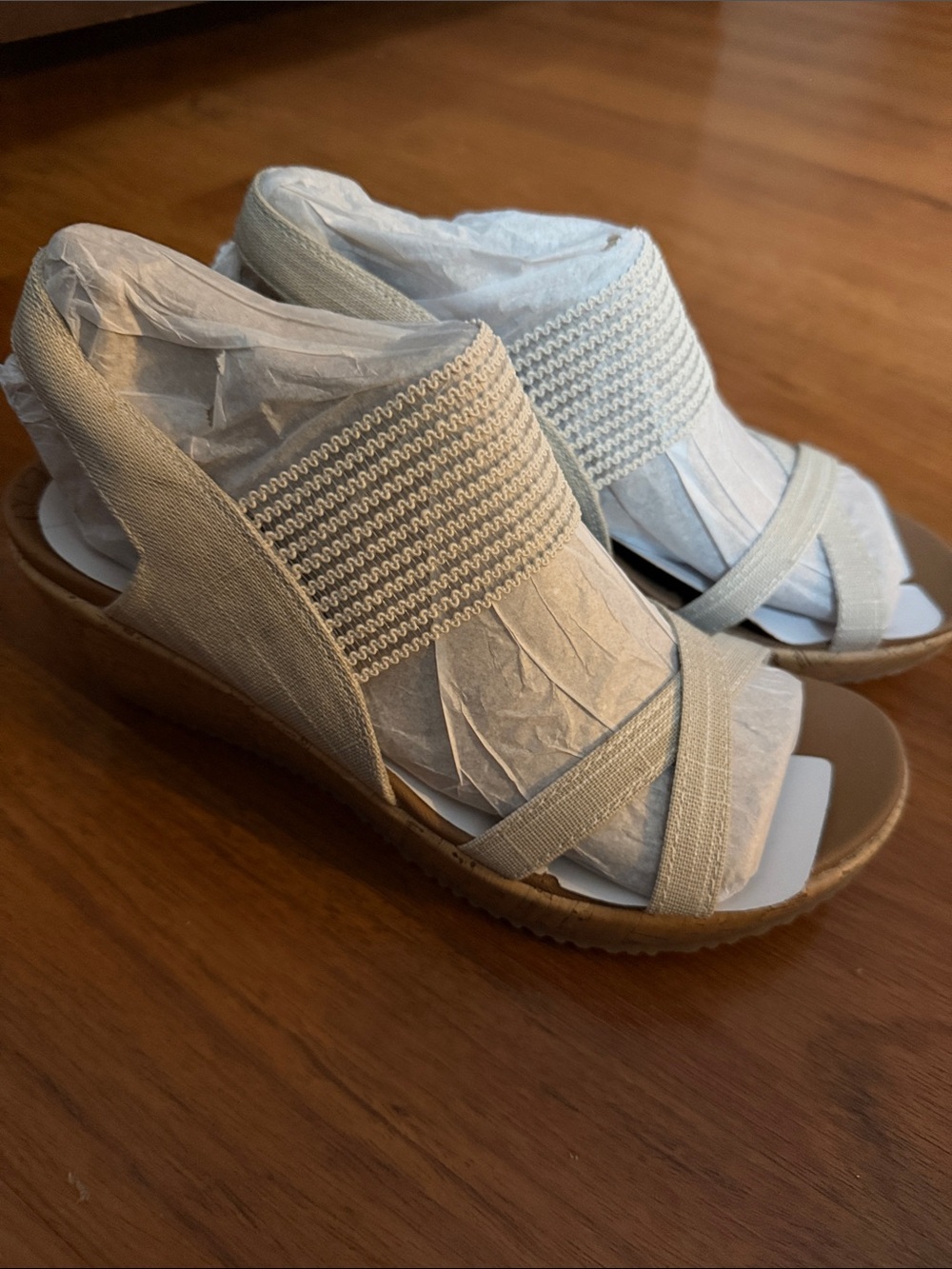 Skechers Beige Elastic Strap Wedge Sandals